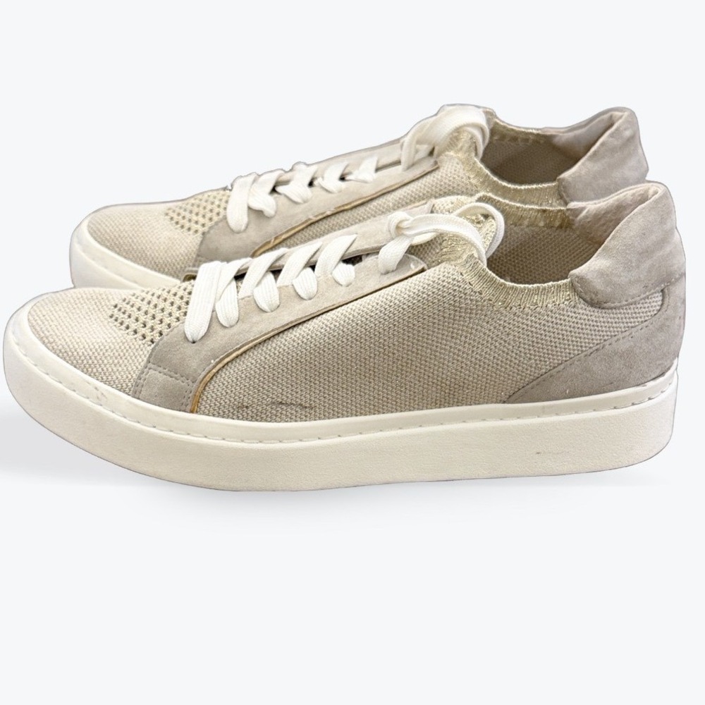 Vaneli Sport Womens Beige Knit Suede Lace Up Sneaker Size 8.5 M Tan Gold Shimmer
